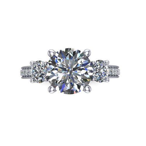 London round classic engagement ring in Platinum, top-down view showing the center diamond flanked by two round side stones in a classic three stone setting