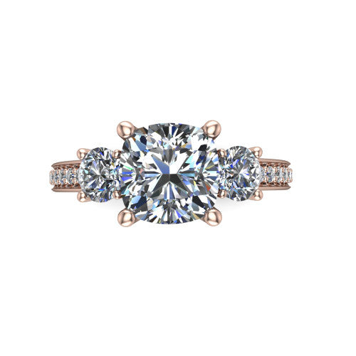 London cushion classic engagement ring in 14K Rose Gold, top-down view showing the center diamond flanked by two round side stones in a classic three stone setting