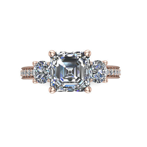London asscher classic engagement ring in 14K Rose Gold, top-down view showing the center diamond flanked by two round side stones in a classic three stone setting
