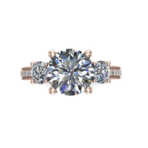 London round classic engagement ring in 18K Rose Gold, top-down view showing the center diamond flanked by two round side stones in a classic three stone setting