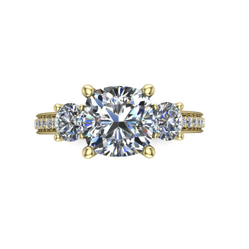 London cushion classic engagement ring in 18K Yellow Gold, top-down view showing the center diamond flanked by two round side stones in a classic three stone setting