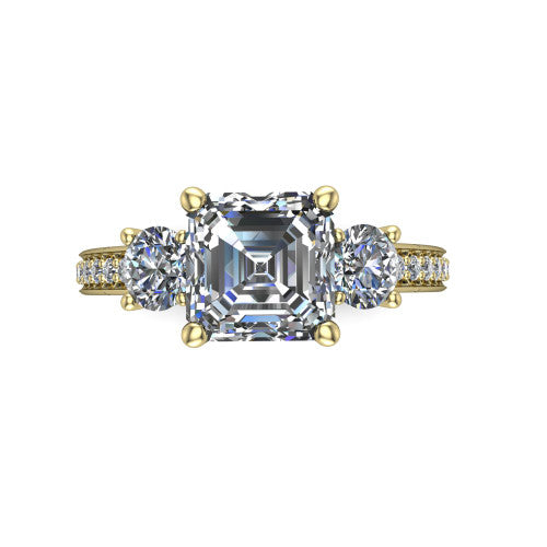 London asscher classic engagement ring in 14K Yellow Gold, top-down view showing the center diamond flanked by two round side stones in a classic three stone setting