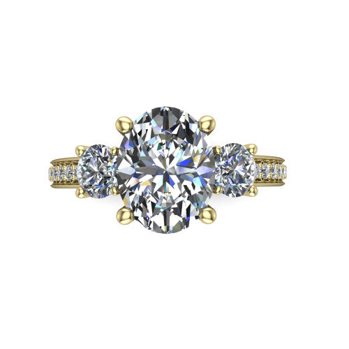 London oval classic engagement ring in 14K Yellow Gold, top-down view showing the center diamond flanked by two round side stones in a classic three stone setting