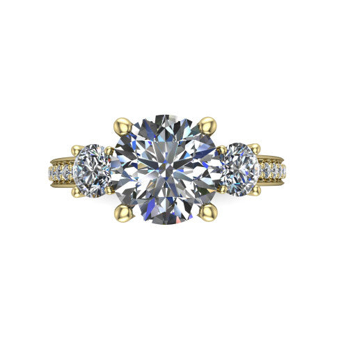 London round classic engagement ring in 14K Yellow Gold, top-down view showing the center diamond flanked by two round side stones in a classic three stone setting