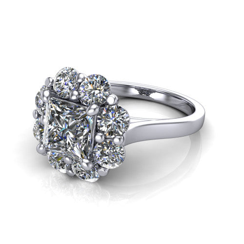 Gabriela princess halo engagement ring in 14K White Gold, three-quarter perspective showing the center framed by a cluster halo of round diamonds above a slim polished band