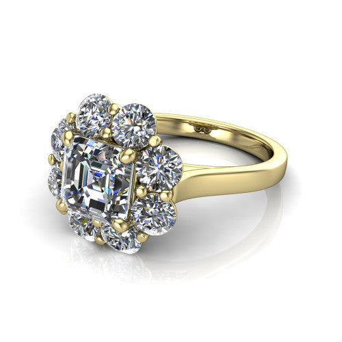 Gabriela asscher halo engagement ring in 14K Yellow Gold, three-quarter perspective showing the center framed by a cluster halo of round diamonds above a slim polished band