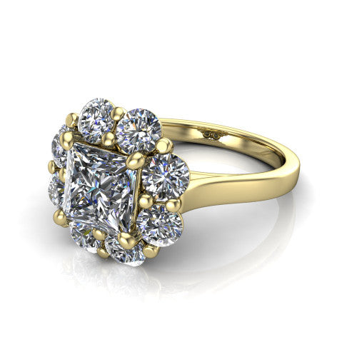 Gabriela princess halo engagement ring in 18K Yellow Gold, three-quarter perspective showing the center framed by a cluster halo of round diamonds above a slim polished band