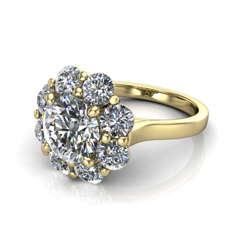 Gabriela round halo engagement ring in 14K Yellow Gold, three-quarter perspective showing the center framed by a cluster halo of round diamonds above a slim polished band