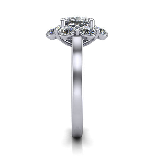 Gabriela cushion halo engagement ring in 18K White Gold, side profile showing the cluster halo and the smooth tapered polished band