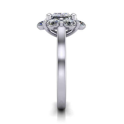 Gabriela princess halo engagement ring in 18K White Gold, side profile showing the cluster halo and the smooth tapered polished band