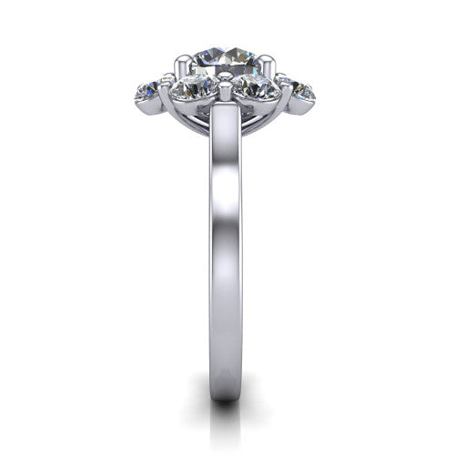 Gabriela round halo engagement ring in 18K White Gold, side profile showing the cluster halo and the smooth tapered polished band