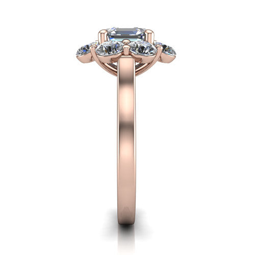 Gabriela asscher halo engagement ring in 18K Rose Gold, side profile showing the cluster halo and the smooth tapered polished band