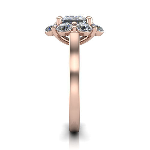 Gabriela princess halo engagement ring in 14K Rose Gold, side profile showing the cluster halo and the smooth tapered polished band