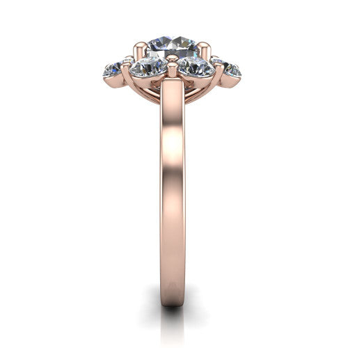 Gabriela round halo engagement ring in 18K Rose Gold, side profile showing the cluster halo and the smooth tapered polished band