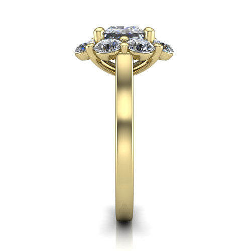 Gabriela princess halo engagement ring in 18K Yellow Gold, side profile showing the cluster halo and the smooth tapered polished band