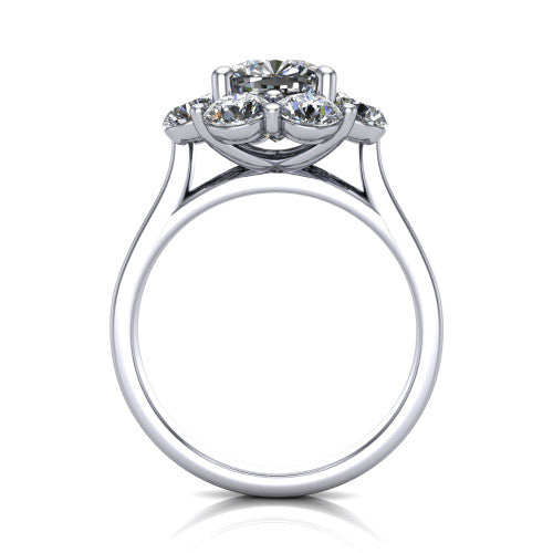 Gabriela cushion halo engagement ring in 14K White Gold, through-finger front profile showing the cluster halo head raised above the slim polished shank