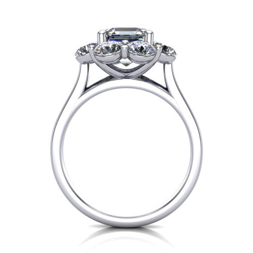 Gabriela asscher halo engagement ring in 18K White Gold, through-finger front profile showing the cluster halo head raised above the slim polished shank