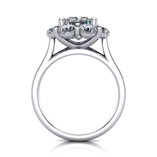 Gabriela princess halo engagement ring in Platinum, through-finger front profile showing the cluster halo head raised above the slim polished shank