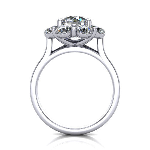 Gabriela round halo engagement ring in Platinum, through-finger front profile showing the cluster halo head raised above the slim polished shank