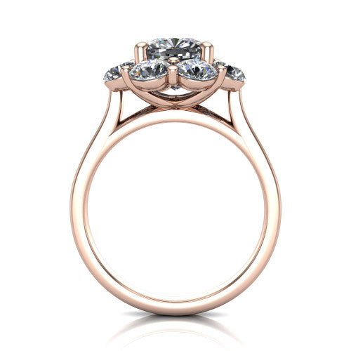 Gabriela cushion halo engagement ring in 18K Rose Gold, through-finger front profile showing the cluster halo head raised above the slim polished shank
