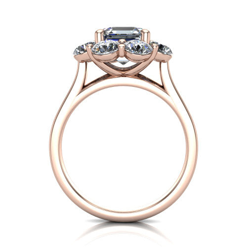 Gabriela asscher halo engagement ring in 18K Rose Gold, through-finger front profile showing the cluster halo head raised above the slim polished shank