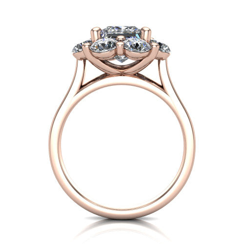 Gabriela princess halo engagement ring in 14K Rose Gold, through-finger front profile showing the cluster halo head raised above the slim polished shank