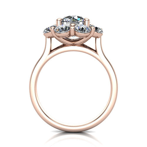 Gabriela round halo engagement ring in 14K Rose Gold, through-finger front profile showing the cluster halo head raised above the slim polished shank