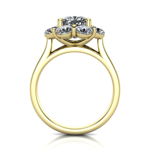 Gabriela cushion halo engagement ring in 18K Yellow Gold, through-finger front profile showing the cluster halo head raised above the slim polished shank