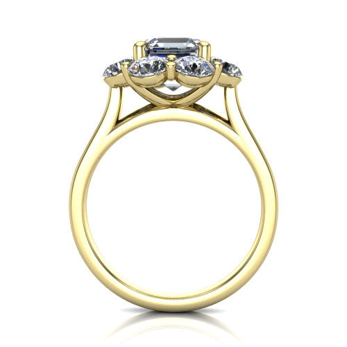 Gabriela asscher halo engagement ring in 18K Yellow Gold, through-finger front profile showing the cluster halo head raised above the slim polished shank