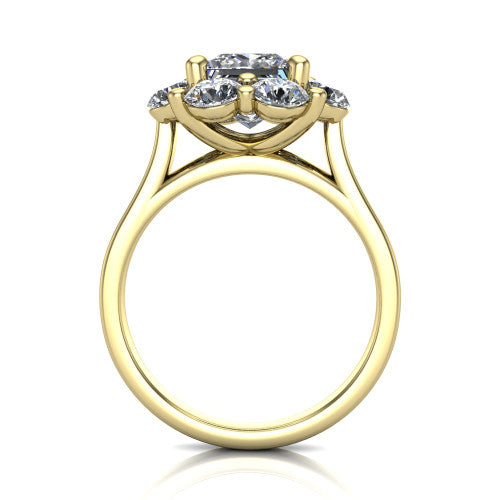 Gabriela princess halo engagement ring in 18K Yellow Gold, through-finger front profile showing the cluster halo head raised above the slim polished shank