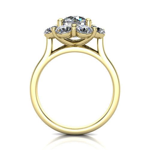 Gabriela round halo engagement ring in 14K Yellow Gold, through-finger front profile showing the cluster halo head raised above the slim polished shank