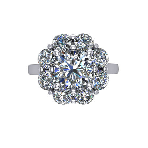 Gabriela cushion halo engagement ring in 14K White Gold, top-down view showing the center diamond ringed by a floral cluster halo of round diamonds