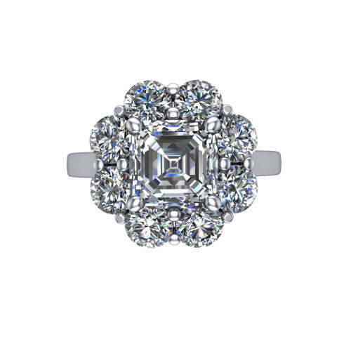 Gabriela asscher halo engagement ring in Platinum, top-down view showing the center diamond ringed by a floral cluster halo of round diamonds