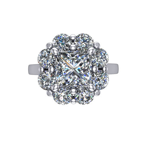 Gabriela princess halo engagement ring in 14K White Gold, top-down view showing the center diamond ringed by a floral cluster halo of round diamonds