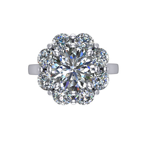 Gabriela round halo engagement ring in Platinum, top-down view showing the center diamond ringed by a floral cluster halo of round diamonds