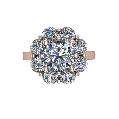 Gabriela cushion halo engagement ring in 18K Rose Gold, top-down view showing the center diamond ringed by a floral cluster halo of round diamonds