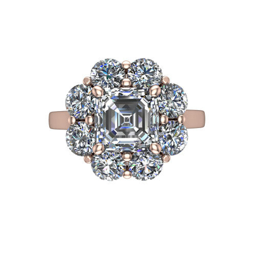 Gabriela asscher halo engagement ring in 18K Rose Gold, top-down view showing the center diamond ringed by a floral cluster halo of round diamonds