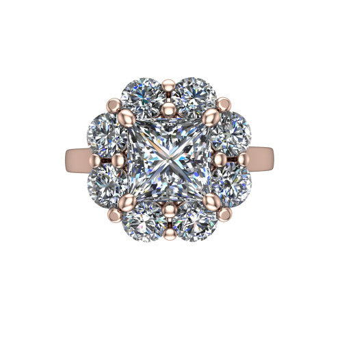 Gabriela princess halo engagement ring in 14K Rose Gold, top-down view showing the center diamond ringed by a floral cluster halo of round diamonds