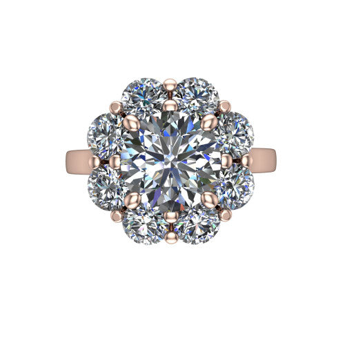 Gabriela round halo engagement ring in 18K Rose Gold, top-down view showing the center diamond ringed by a floral cluster halo of round diamonds