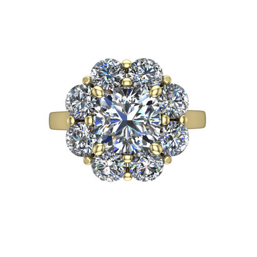 Gabriela cushion halo engagement ring in 18K Yellow Gold, top-down view showing the center diamond ringed by a floral cluster halo of round diamonds