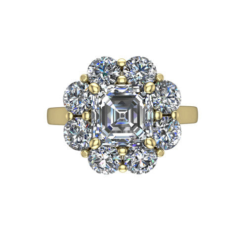 Gabriela asscher halo engagement ring in 14K Yellow Gold, top-down view showing the center diamond ringed by a floral cluster halo of round diamonds