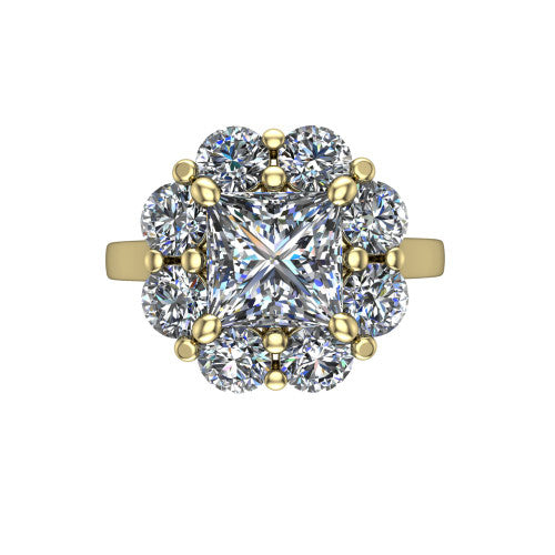 Gabriela princess halo engagement ring in 14K Yellow Gold, top-down view showing the center diamond ringed by a floral cluster halo of round diamonds