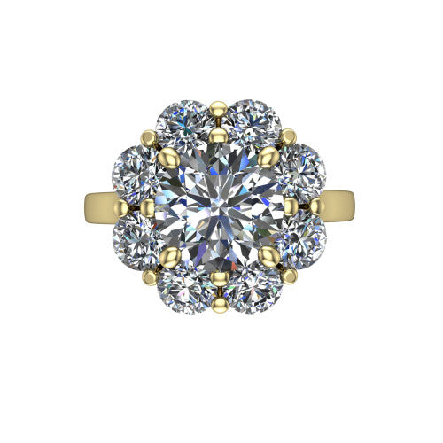 Gabriela round halo engagement ring in 18K Yellow Gold, top-down view showing the center diamond ringed by a floral cluster halo of round diamonds