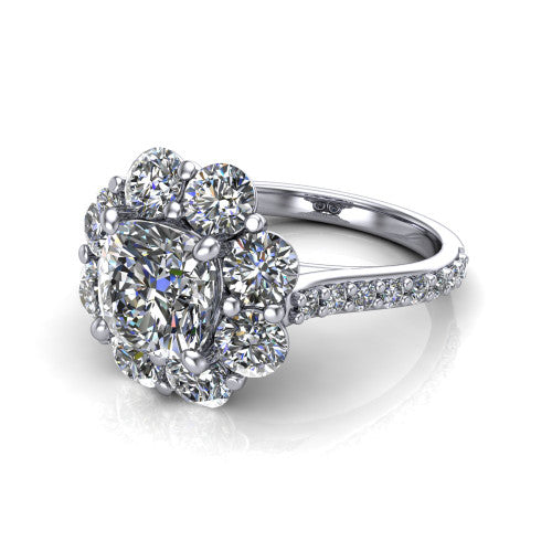 Brooklynn cushion halo engagement ring in 14K White Gold, three-quarter perspective showing the center framed by a cluster halo of round diamonds above a pav&eacute; shank