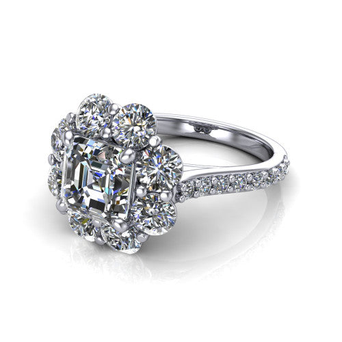 Brooklynn asscher halo engagement ring in 14K White Gold, three-quarter perspective showing the center framed by a cluster halo of round diamonds above a pav&eacute; shank
