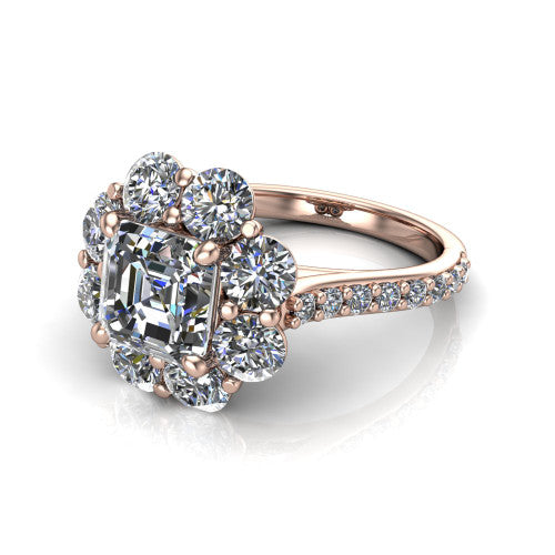 Brooklynn asscher halo engagement ring in 14K Rose Gold, three-quarter perspective showing the center framed by a cluster halo of round diamonds above a pav&eacute; shank