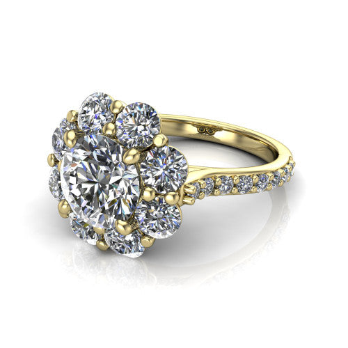 Brooklynn round halo engagement ring in 14K Yellow Gold, three-quarter perspective showing the center framed by a cluster halo of round diamonds above a pav&eacute; shank