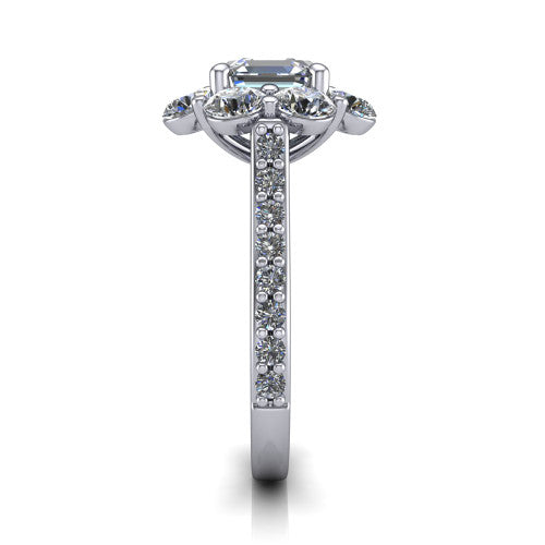 Brooklynn asscher halo engagement ring in 14K White Gold, side profile showing the cluster halo and the pav&eacute; diamonds running down the shank