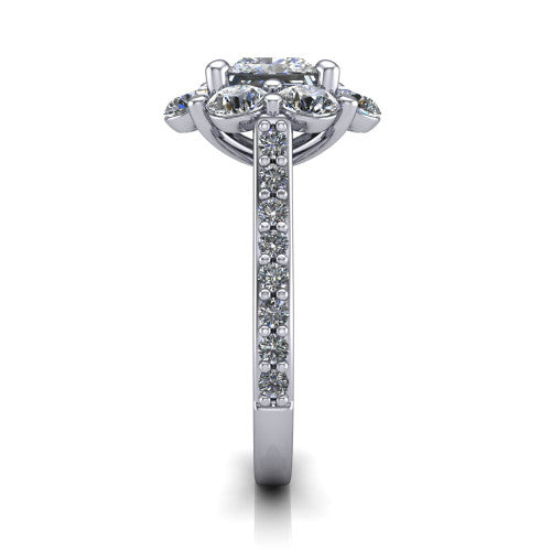 Brooklynn princess halo engagement ring in 14K White Gold, side profile showing the cluster halo and the pav&eacute; diamonds running down the shank