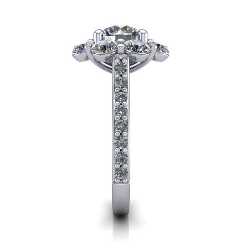 Brooklynn round halo engagement ring in 14K White Gold, side profile showing the cluster halo and the pav&eacute; diamonds running down the shank